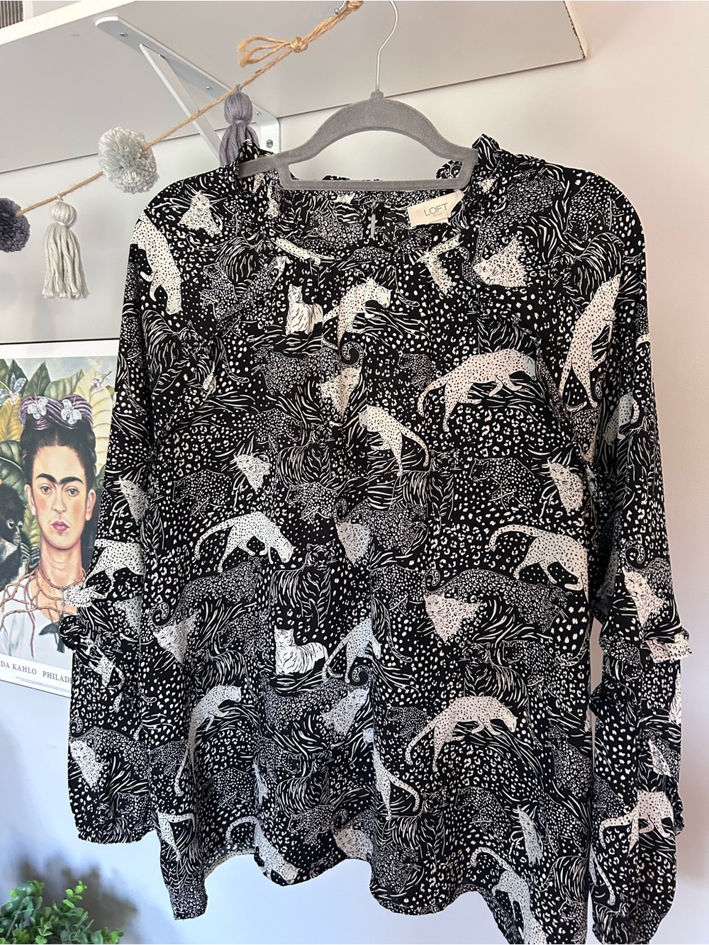 LOFT Black & White Leopard Animal Print Button-Back Blouse